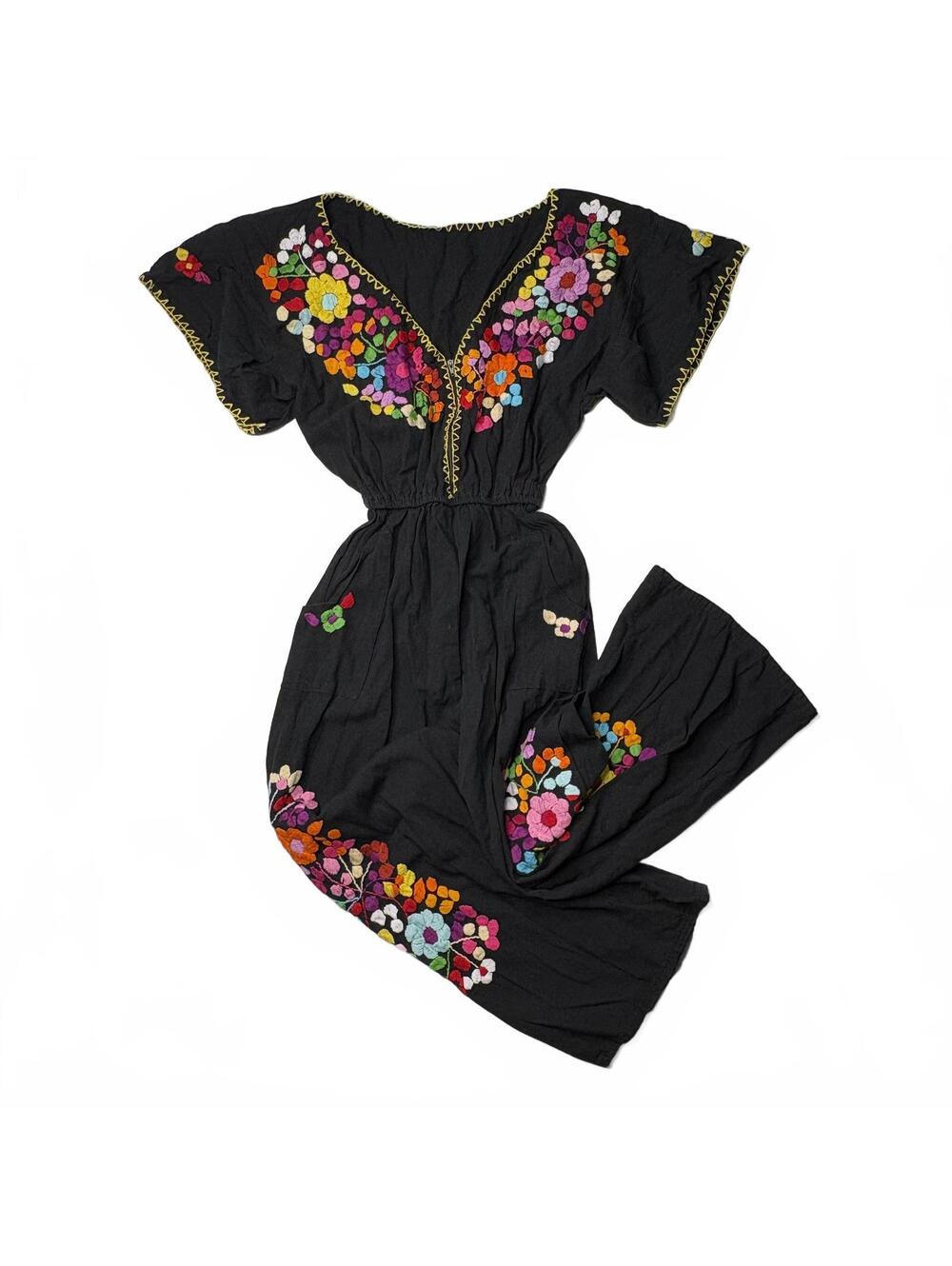 Vintage Mexican Floral Embroidered Black Jumpsuit Romper